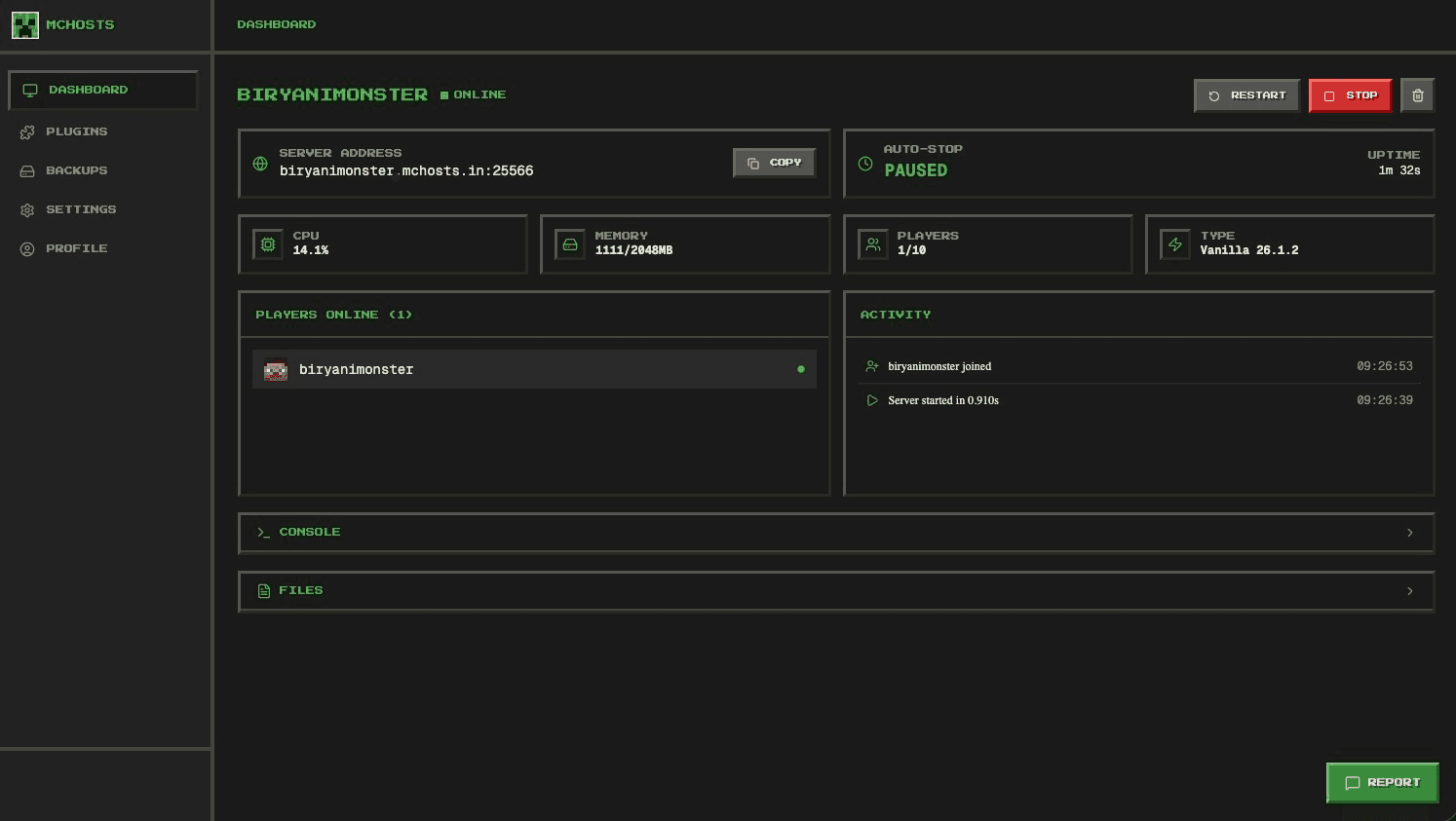MCHosts Dashboard — manage your Minecraft server